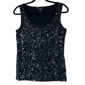 Sequin Embellished Sleeveless Round Neck Tank Top black size small JESSICA